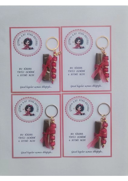 100 Adet Kişiye Özel 6 Ay Kına Hatırası Kırmızı Anahtarlık ve Paketlenmiş Kına Dağıtmalık Hediyelik fırsatları