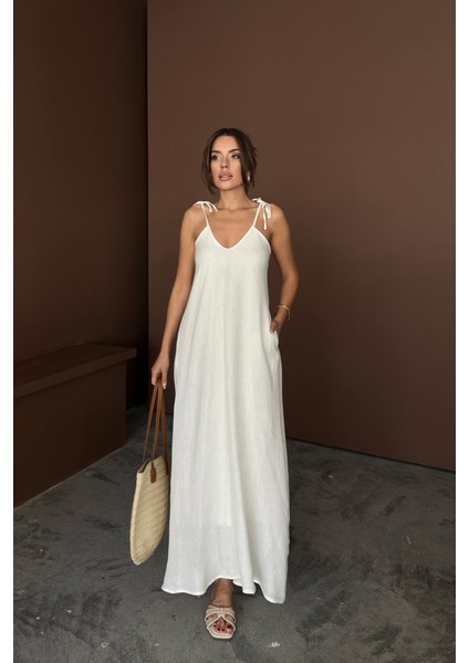 Askılı Uzun Salaş Müslin Elbise - Beyaz