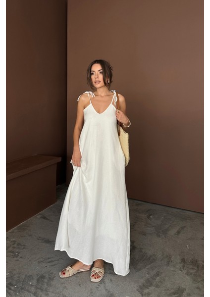 Askılı Uzun Salaş Müslin Elbise - Beyaz