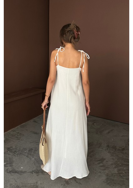 Askılı Uzun Salaş Müslin Elbise - Beyaz