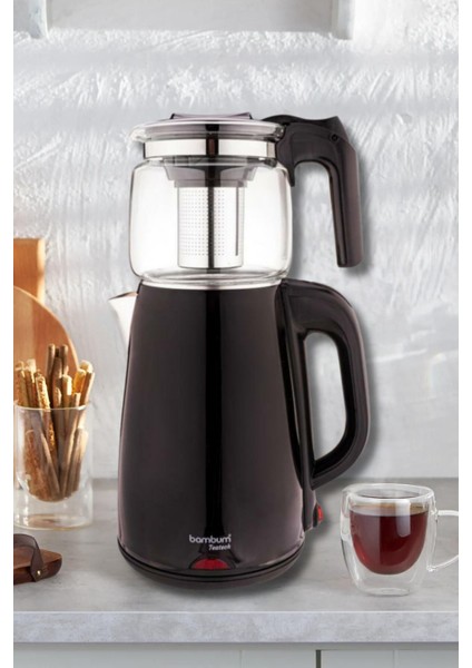 Cam Demlikli Çay Makinası ve Su Isıtıcı Kettle, Siyah, Şık ve Kullanışlı Tasarım