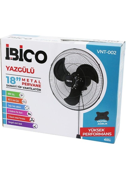 18 Inç 45.7cm Sanayi Tipi Ayaklı Vantilatör 3 Kademe Hız - 3 Metal Kanat 80W 140CM Yükseklik VNT-002 (4989)