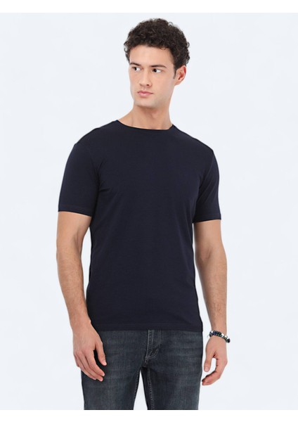 Lacivert Bisiklet Yaka Pamuk Karışımlı T-Shirt indirimleri