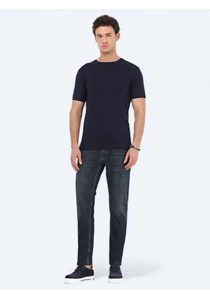 Lacivert Bisiklet Yaka Pamuk Karışımlı T-Shirt