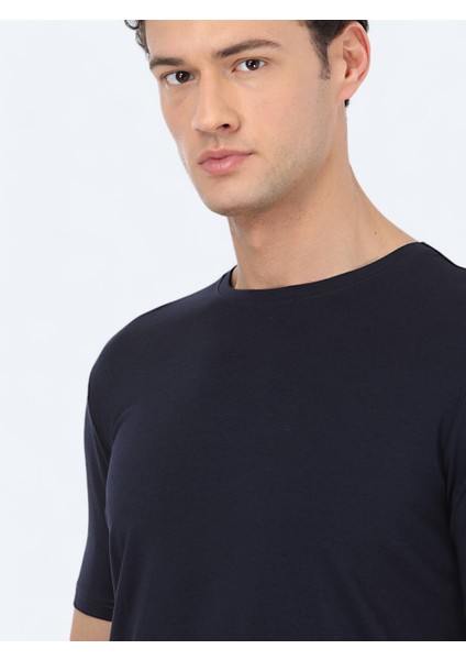 Lacivert Bisiklet Yaka Pamuk Karışımlı T-Shirt