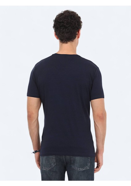 Lacivert Bisiklet Yaka Pamuk Karışımlı T-Shirt