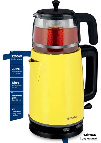 2200W Paslanmaz Çelik Çay Makinesi ve Su Isıtıcı, Cam Demlikli, Sarı