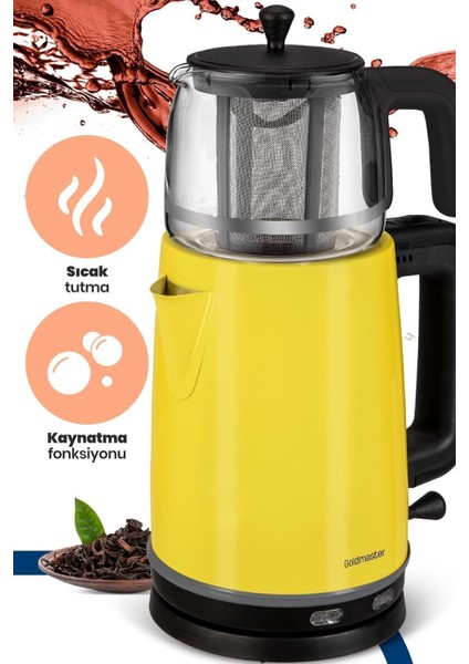 2200W Paslanmaz Çelik Çay Makinesi ve Su Isıtıcı, Cam Demlikli, Sarı fiyatları