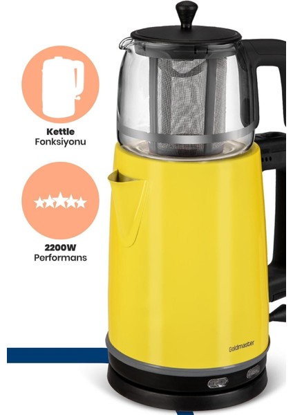 2200W Paslanmaz Çelik Çay Makinesi ve Su Isıtıcı, Cam Demlikli, Sarı indirimleri