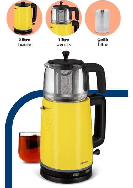 2200W Paslanmaz Çelik Çay Makinesi ve Su Isıtıcı, Cam Demlikli, Sarı