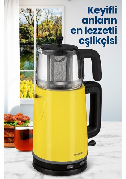 2200W Paslanmaz Çelik Çay Makinesi ve Su Isıtıcı, Cam Demlikli, Sarı