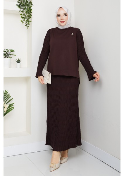 Kadın Merserize Mandal Örgülü Broşlu Etekli Ikili Takım -PMK457