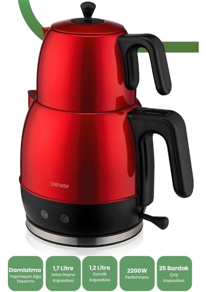 Kırmızı 30 Bardak Geniş Kapasiteli 2200W Paslanmaz Çay ve Su Isıtıcı fiyatları