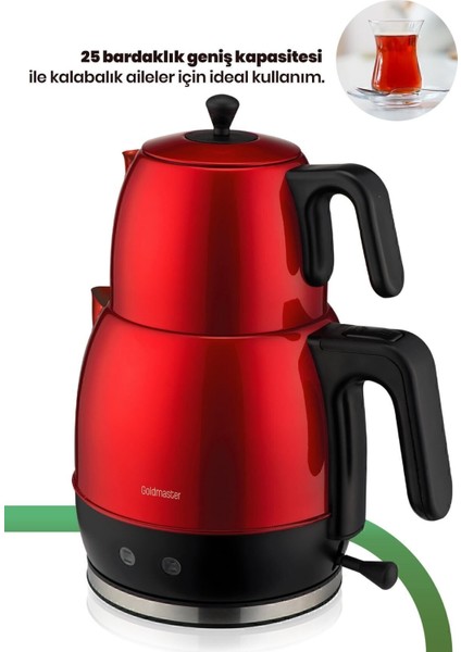 Kırmızı 30 Bardak Geniş Kapasiteli 2200W Paslanmaz Çay ve Su Isıtıcı