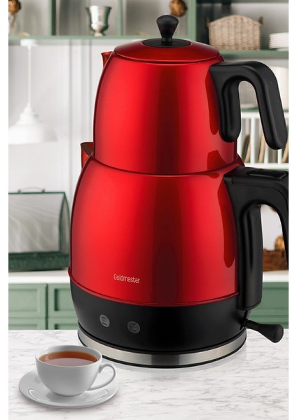 Kırmızı 30 Bardak Geniş Kapasiteli 2200W Paslanmaz Çay ve Su Isıtıcı