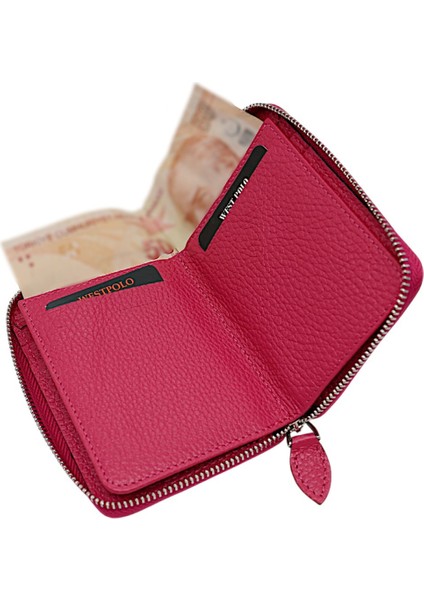 Hakiki Deri Kağıt Para ve Bol Kart Bölmeli Fermuarlı Unisex Cüzdan - Fuşya fırsatları