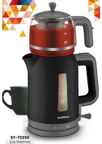 2200W Cam Demlikli Çay ve Su Isıtıcı, Siyah Renk