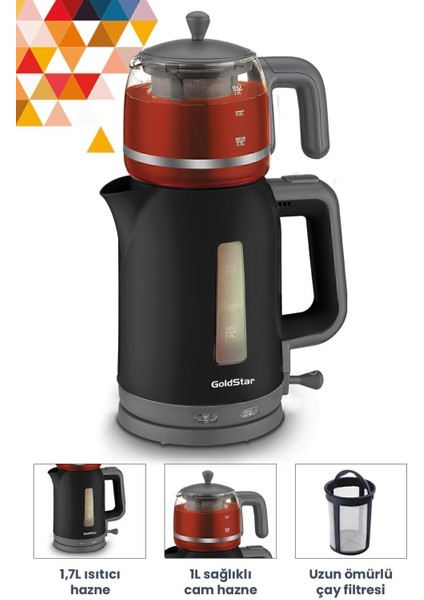 2200W Cam Demlikli Çay ve Su Isıtıcı, Siyah Renk modelleri