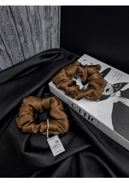 2'li Lüks Kadın Saten Toka - Latte Ruhu - Lastik Model Scrunchie - Anne Kız Kombini