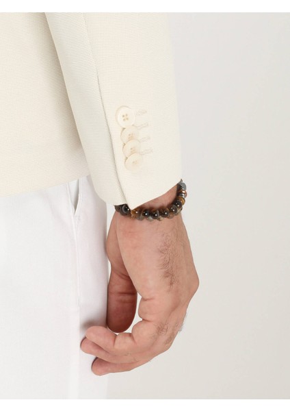 Ekru Düz Slim Fit Örme Ceket