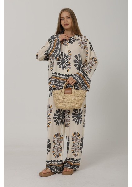 Desenli Kolları Volanlı Pantolon Takım - Antrasit indirimleri