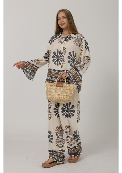 Desenli Kolları Volanlı Pantolon Takım - Antrasit