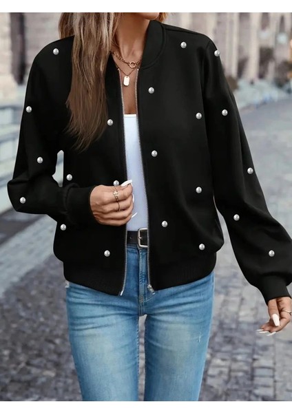 Kadın Uzun Kollu Önden Fermuarlı Incili Kısa Modal Ceket