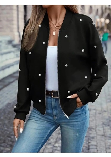 Kadın Uzun Kollu Önden Fermuarlı Incili Kısa Modal Ceket modelleri