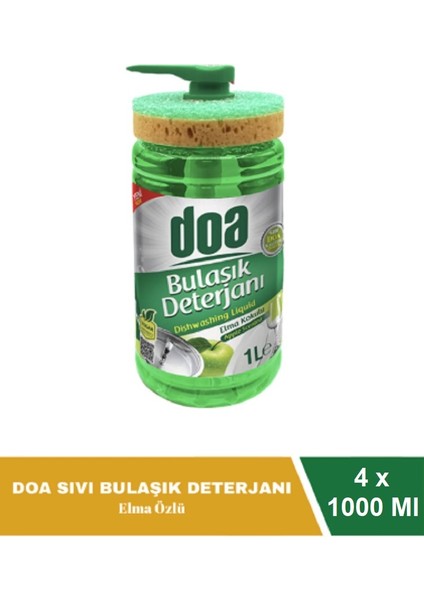 Sıvı Bulaşık Deterjanı Elma Özlü 1 Lt Süngerli x 4 Adet