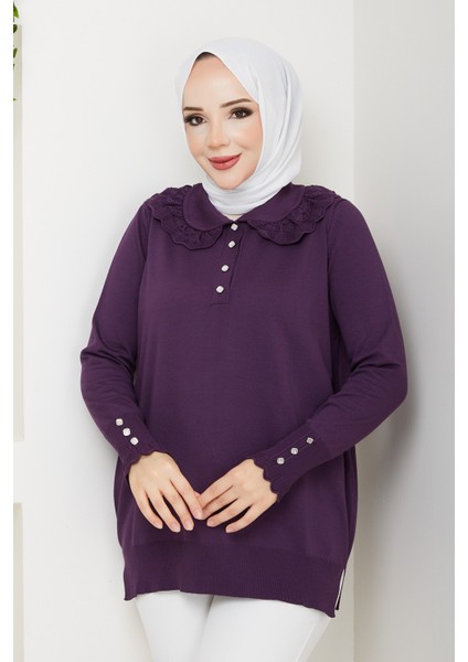 Kadın Dantel Detaylı Merserize Triko Tunik -PMK461