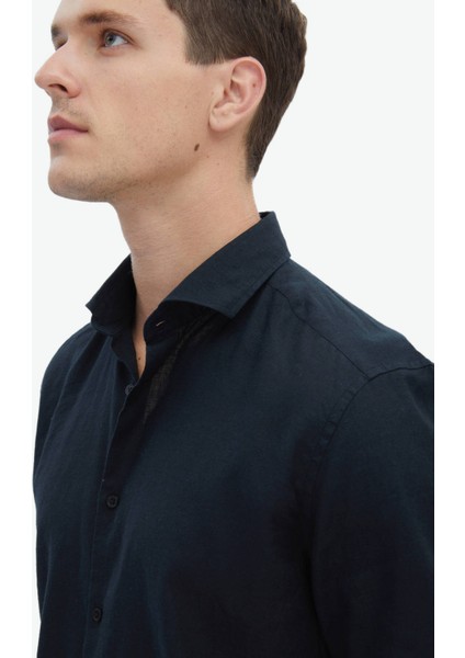 Siyah Düz Regular Fit Dokuma Casual Pamuk Karışımlı Gömlek