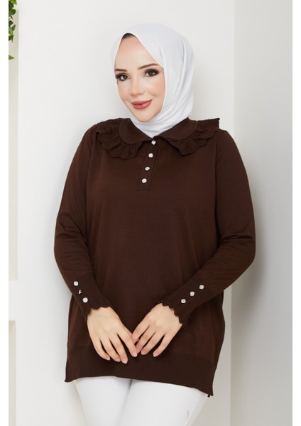 Kadın Dantel Detaylı Merserize Triko Tunik -PMK461