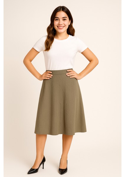 Kadın Haki Renk Midi Boy Etek - Rahat ve Şık