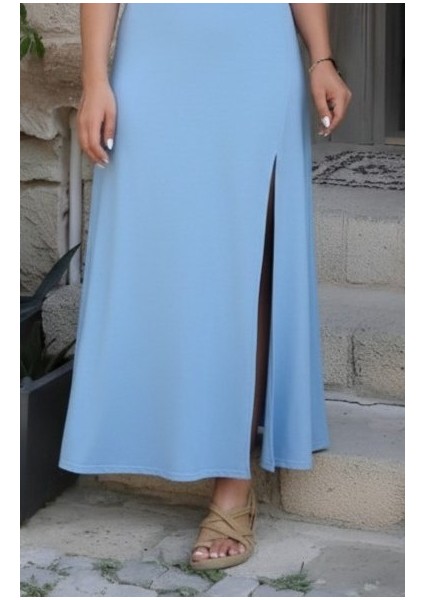 Kadın Askılı V Yakalı Yırtmaçlı Uzun Viskon Elbise modelleri