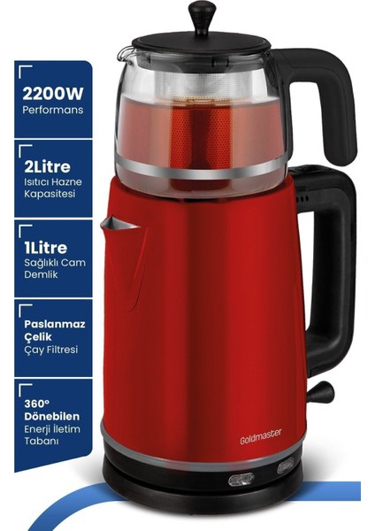 2200W Xl Paslanmaz Çelik Cam Demlikli Çay ve Su Isıtıcı