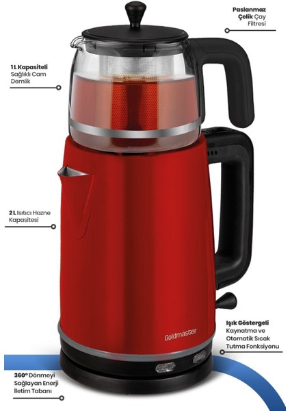 2200W Xl Paslanmaz Çelik Cam Demlikli Çay ve Su Isıtıcı