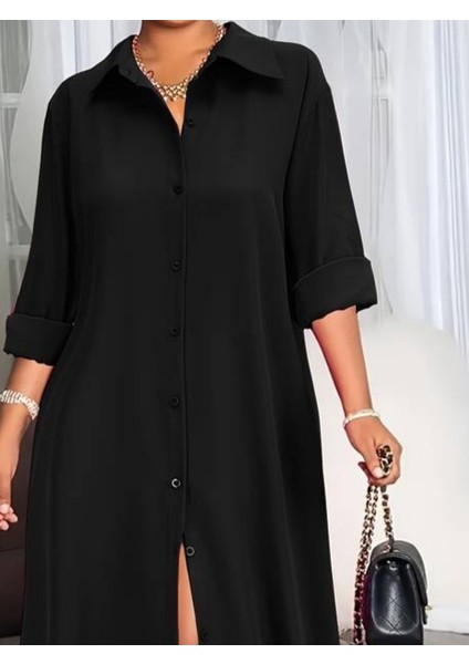 Kadın Uzun Kollu Yakalı Önden Düğmeli Uzun Dokuma Elbise fiyatları