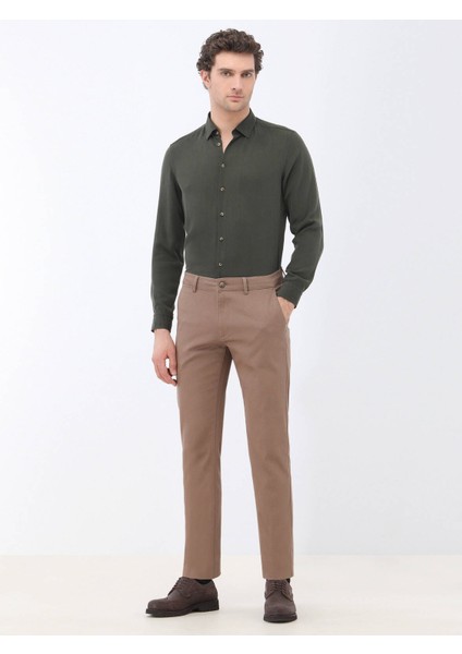 Açık Kahve Düz Dokuma Regular Fit Casual Pamuk Karışımlı Pantolon