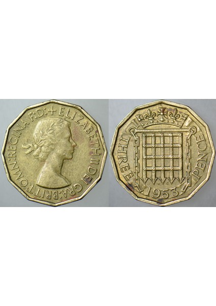 Birleşik Krallık 3 Pence 1953 Kraliçe Iı. Elizabeth 21 mm Ingiltere.