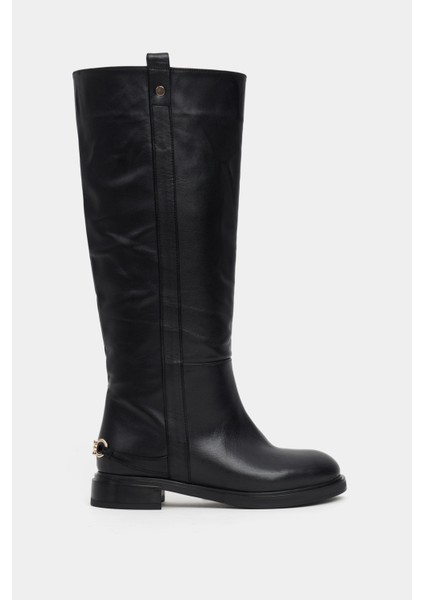 Maude Siyah Hakiki Deri Kalın Topuk Arka Metal Aksesuarlı Kadın Biker Çizme