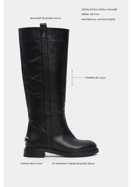 Maude Siyah Hakiki Deri Kalın Topuk Arka Metal Aksesuarlı Kadın Biker Çizme modelleri