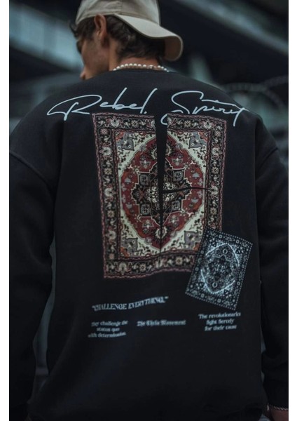 Uzun Kol Bisiklet Yaka Baskılı Sweatshirt - Siyah