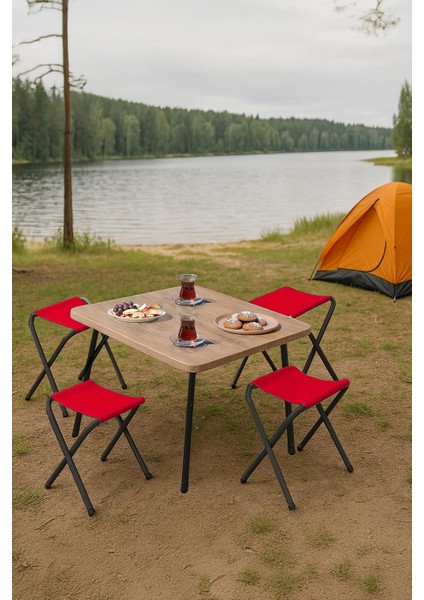 45X60 cm Kamp Sehpası + 4 Adet Kırmızı Tabure Piknik, Bahçe Balkon Sehpası Katlanır Sehpa-A-4k