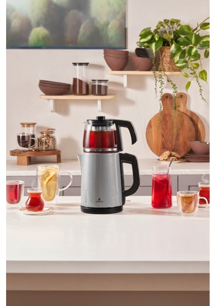 Çelik Çay Makinesi ve Kettle, 2'li, Antrasit Renk, Şık ve Pratik Tasarım