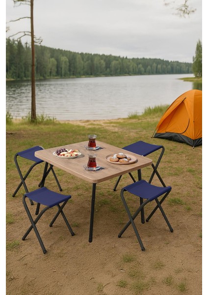 45X60 cm Kamp Sehpası + 4 Adet Lacivert Tabure Piknik, Bahçe Sehpası Katlanır Sehpa-A-4l