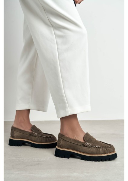 Alevtina Koyu Bej Süet Hakiki Deri Kalın Taban Kadın Loafer Ayakkabı fiyatları