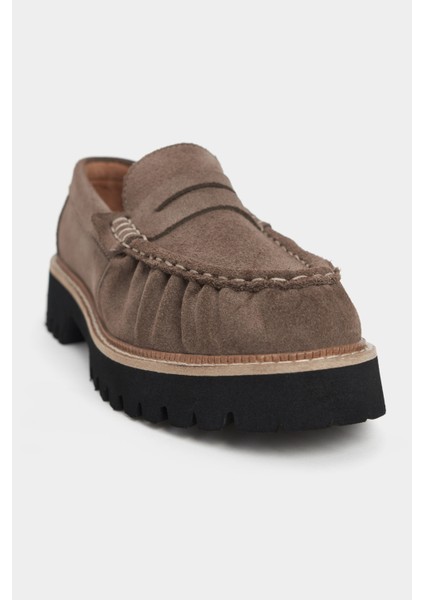 Alevtina Koyu Bej Süet Hakiki Deri Kalın Taban Kadın Loafer Ayakkabı fırsatları