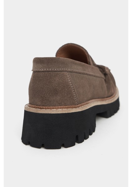 Alevtina Koyu Bej Süet Hakiki Deri Kalın Taban Kadın Loafer Ayakkabı indirimleri