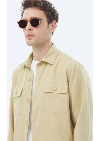 Yağ Yeşili Düz Regular Fit Dokuma Overshırt