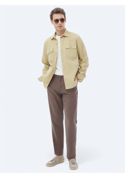 Yağ Yeşili Düz Regular Fit Dokuma Overshırt